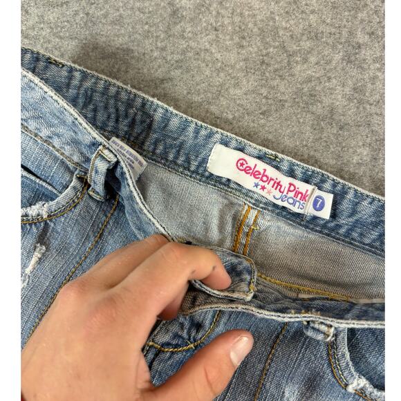 Y2K Celebrity Pink Jeans Hotpants Shorts Womens 7 Blue Denim Frayed Distress - Picture 4 of 5